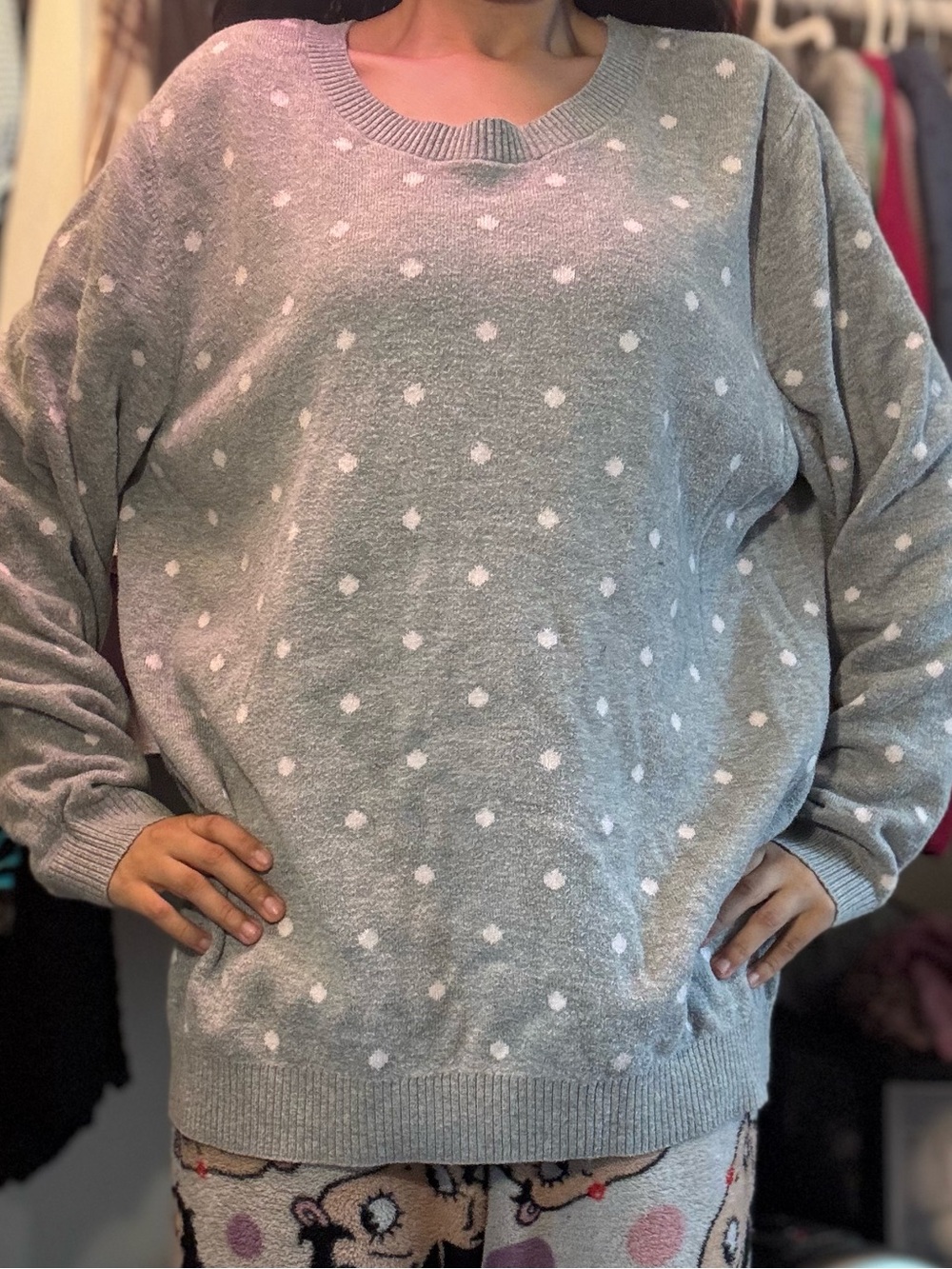 size large croft & barrow gray and pink polka dot sweater